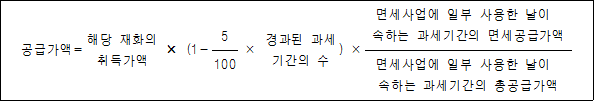 공급가액= 해당 재화의 × (1- × 경과된 ) × 면세사업에 일부 사용한 날이``` 취득가액 5 과세기간의 속하는 과세기간의 면세공급가액 수 100 면세사업에 일부 사용한 날이``` 속하는 과세기간의 총공급가액