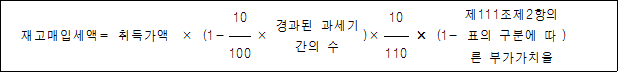재고매입세액= 취득가액 × (1- 10 × 경과된 )× 10 × (1- 제111조제2항의 ) 과세기간의 수 표의 구분에 따른 부가가치율 100 110