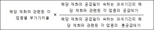 해당 재화와 관련된 각 × 해당 재화의 공급일이 속하는 과세기간의 업종별 부가가치율 해당 재화와 관련된 각 업종의 공급대가 해당 재화의 공급일이 속하는 과세기간의 해당 재화와 관련된 각 업종의 `총공급대가