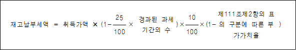 재고납부세액 = 취득가액 × (1- × 경과된 과세 )× ×(1- 제111조제2항의 ) 25 기간의 수 10 표의 구분에 따른 부가가치율 100 100