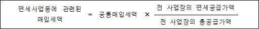 면세사업등에```관련된 = 공통매입세액 × 전 사업장의 면세공급가액 매입세액 전 사업장의 총공급가액