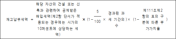 재고납부세액 = 해당 자산의 건설 또는 × (1- × 경과된 )× (1- 제111조제2 ) 신축과 관련하여 공제받은 5 과세 항의 표의 `매입세액(제2항 단서가 기간의 수 구분에 따른 적용되는 경우에는 시가의 100 부가가치율 10퍼센트에 상당하는 세액)