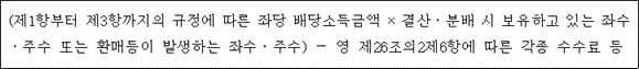 (제1항부터 제3항까지의 규정에 따른 좌당 배당소득금액 × 결산ㆍ분배 시 보유하고 있는 좌수 ㆍ주수 또는 환매등이 발생하는 좌수ㆍ주수) － 영 제26조의2제6항에 따른 각종 수수료 등