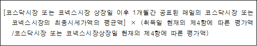 [코스닥시장 또는 코넥스시장 상장일 이후 1개월간 공표된 매일의 코스닥시장 또는 코넥스시장의 최종시세가액의 평균액] × (취득일 현재의 제4항에 따른 평가액 /코스닥시장 또는 코넥스시장상장일 현재의 제4항에 따른 평가액)