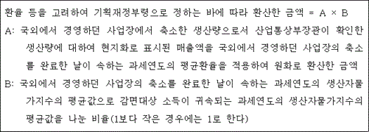 환율 등을 고려하여 기획재정부령으로 정하는 바에 따라 환산한 금액 = A × B A: 국외에서 경영하던 사업장에서 축소한 생산량으로서 산업통상부장관이 확인한 생산량에 대하여 현지화로 표시된 매출액을 국외에서 경영하던 사업장의 축소 를 완료한 날이 속하는 과세연도의 평균환율을 적용하여 원화로 환산한 금액 B: 국외에서 경영하던 사업장의 축소를 완료한 날이 속하는 과세연도의 생산자물 가지수의 평균값으로 감면대상 소득이 귀속되는 과세연도의 생산자물가지수의 평균값을 나눈 비율(1보다 작은 경우에는 1로 한다)