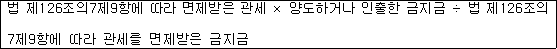 법 제126조의7제9항에 따라 면제받은 관세 × 양도하거나 인출한 금지금 ÷ 법 제126조의 7제9항에 따라 관세를 면제받은 금지금