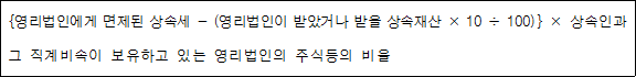 {영리법인에게 면제된 상속세 - (영리법인이 받았거나 받을 상속재산 × 10 ÷ 100)} × 상속인과 그 직계비속이 보유하고 있는 영리법인의 주식등의 비율