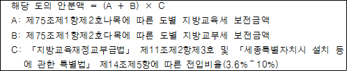해당 도의 안분액 = (A + B) × C A: 제75조제1항제2호나목에 따른 도별 지방교육세 보전금액 B: 제75조제1항제2호다목에 따른 도별 지방교부세 보전금액 C: 「지방교육재정교부금법」 제11조제2항제3호 및 「세종특별자치시 설치 등 에 관한 특별법」 제14조제5항에 따른 전입비율(3.6%～10%)