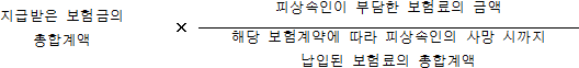 × 지급받은 보험금의 피상속인이 부담한 보험료의 금액 총합계액 해당 보험계약에 따라 피상속인의 사망 시까지 납입된 보험료의 총합계액