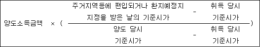 양도소득금액 × ( 주거지역등에 편입되거나 환지예정지 - 취득 당시 ) 지정을 받은 날의 기준시가 기준시가 양도 당시 - 취득 당시 기준시가 기준시가