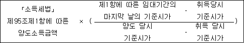 「소득세법」 × ( 제1항에 따른 임대기간의 - 취득당시 ) 제95조제1항에 따른 마지막 날의 기준시가 기준시가 양도소득금액 양도 당시 - 취득 당시 기준시가 기준시가