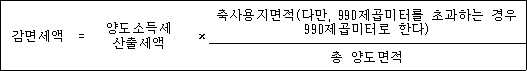 감면세액 = 양도소득세 × 축사용지면적(다만, 990제곱미터를 초과하는 경우 산출세액 990제곱미터로 한다) 총 양도면적