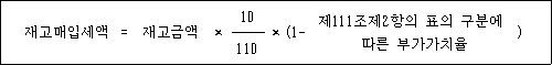 재고매입세액 = 재고금액 × 10 × (1- 제111조제2항의 표의 구분에 ) 따른 부가가치율 110