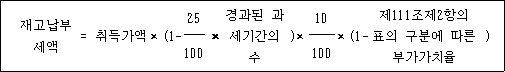 재고납부 = 취득가액 × (1- 25 × 경과된 a)× 10 × (1- 제111조제2항의 ) 세액 과세기간 표의 구분에 따른 100 의 수 100 부가가치율
