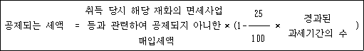 공제되는 세액 = 취득 당시 해당 재화의 면세사업 × (1- 25 × 경과된 ) 등과 관련하여 공제되지 아니한 과세기간의 수 매입세액 100