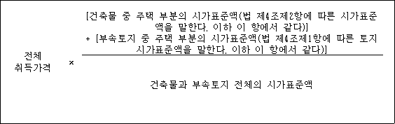 전체 × [건축물 중 주택 부분의 시가표준액(법 제4조제2항에 따른 취득가격 시가표준액을 말한다. 이하 이 항에서 같다)] + [부속토지 중 주택 부분의 시가표준액(법 제4조제1항에 따른 토지 시가표준액을 말한다. 이하 이 항에서 같다)] 건축물과 부속토지 전체의 시가표준액