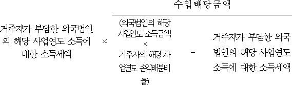거주자가 부담한 × 수입배당금액 외국법인의 해당 사업연도 소득에 대한 소득세액 (외국법인의 해당 - 거주자가 부담한 사업연도 소득금액 외국법인의 해당 × 사업연도 소득에 대한 거주자의 해당 소득세액 사업연도 손익배분비율)