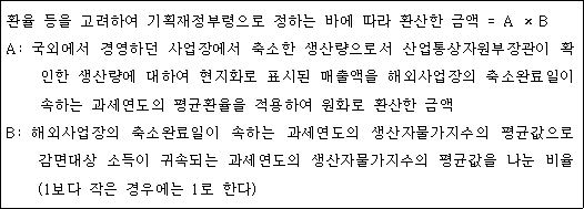 환율 등을 고려하여 기획재정부령으로 정하는 바에 따라 환산한 금액 = A × B A: 국외에서 경영하던 사업장에서 축소한 생산량으로서 산업통상자원부장관이 확 인한 생산량에 대하여 현지화로 표시된 매출액을 해외사업장의 축소완료일이 속하는 과세연도의 평균환율을 적용하여 원화로 환산한 금액 B: 해외사업장의 축소완료일이 속하는 과세연도의 생산자물가지수의 평균값으로 감면대상 소득이 귀속되는 과세연도의 생산자물가지수의 평균값을 나눈 비율 (1보다 작은 경우에는 1로 한다)