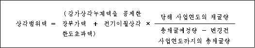 상각범위액 ＝ （감가상각누계액을 공제한 × 장부가액 ＋ 당해 사업연도의 채굴량 전기이월상각한도초과액) 총채굴예정량 － 변경전 사업연도까지의 총채굴량