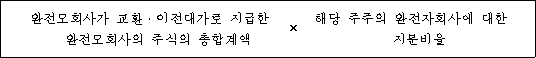 완전모회사가 교환ㆍ이전대가로 지급한 × 해당 주주의 완전자회사에 대한 완전모회사의 주식의 총합계액 지분비율