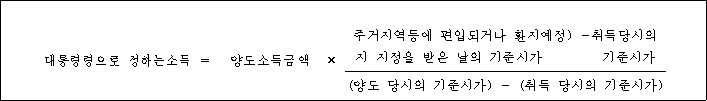 대통령령으로 정하는소득 ＝ 양도소득금액 × 주거지역등에 편입되거나 환지예정) -취득당시의 지 지정을 받은 날의 기준시가 기준시가 (양도 당시의 기준시가) - (취득 당시의 기준시가)