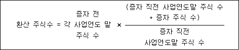 환산 주식수 = 증자 전 × (증자 직전 사업연도말 주식 수 각 사업연도 말 + 증자 주식 수) 주식 수 증자 직전 사업연도말 주식 수