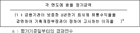 각 연도에 받을 정기금액 (1 + 금융기관이 보증한 3년만기 회사채 유통수익율을 감안하여 기획재정부장관이 정하여 고시하는 이자율 )n n : 평가기준일부터의 경과연수