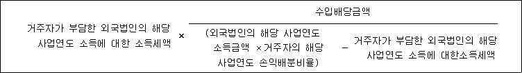 거주자가 부담한 외국법인의 해당 × 수입배당금액 사업연도 소득에 대한 소득세액 (외국법인의 해당 사업연도 - 거주자가 부담한 외국법인의 해당 소득금액 ×거주자의 해당 사업연도 소득에 대한소득세액 사업연도 손익배분비율)