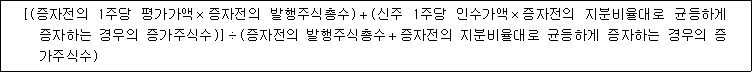 [(증자전의 1주당 평가가액×증자전의 발행주식총수)＋(신주 1주당 인수가액×증자전의 지분비율대로 균등하게 증자하는 경우의 증가주식수)]÷(증자전의 발행주식총수＋증자전의 지분비율대로 균등하게 증자하는 경우의 증 가주식수)