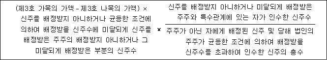 (제3호 가목의 가액－제3호 나목의 가액) × × 신주를 배정받지 아니하거나 미달되게 배정받은 신주를 배정받지 아니하거나 균등한 조건에 주주와 특수관계에 있는 자가 인수한 신주수 의하여 배정받을 신주수에 미달되게 신주를 배정받은 주주의 배정받지 아니하거나 그 주주가 아닌 자에게 배정된 신주 및 당해 법인의 미달되게 배정받은 부분의 신주수 주주가 균등한 조건에 의하여 배정받을 신주수를 초과하여 인수한 신주의 총수