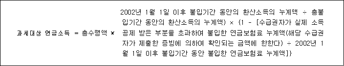 과세대상 연금소득 ＝ 총수령액 × ( 2002년 1월 1일 이후 불입기간 동안의 환산소득의 누계액 ÷ 총불입기간 동안의 환산소득의 누계액) × {1 - [수급권자가 실제 소득공제 받은 부분을 초과하여 불입한 연금보험료 누계액(해당 수급권자가 제출한 증빙에 의하여 확인되는 금액에 한한다) ÷ 2002년 1월 1일 이후 불입기간 동안 불입한 연금보험료 누계액]}