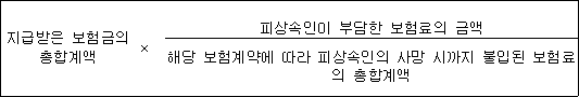 지급받은 보험금의 × 총합계액 피상속인이 부담한 보험료의 금액 해당 보험계약에 따라 피상속인의 사망 시까지 불입된 보험료의 총합계액