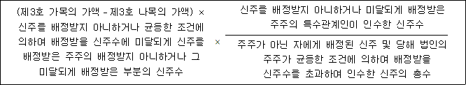 (제3호 가목의 가액－제3호 나목의 가액) × × 신주를 배정받지 아니하거나 미달되게 배정받은 신주를 배정받지 아니하거나 균등한 조건에 주주의 특수관계인이 인수한 신주수 의하여 배정받을 신주수에 미달되게 신주를 배정받은 주주의 배정받지 아니하거나 그 주주가 아닌 자에게 배정된 신주 및 당해 법인의 미달되게 배정받은 부분의 신주수 주주가 균등한 조건에 의하여 배정받을 신주수를 초과하여 인수한 신주의 총수
