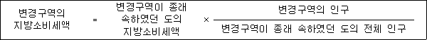변경구역의 ＝ 변경구역이 종래 × 변경구역의 인구 지방소비세액 속하였던 도의 지방소비세액 변경구역이 종래 속하였던 도의 전체 인구