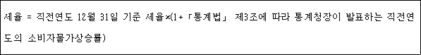 세율 = 직전연도 12월 31일 기준 세율×(1+「통계법」 제3조에 따라 통계청장이 발표하는 직전연 도의 소비자물가상승률)