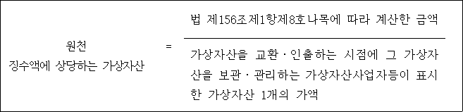 원천 법 제156조제1항제8호나목에 따라 계산한 금액 징수액에 상당하는 가상자산 = 가상자산을 교환ㆍ인출하는 시점에 그 가상자 산을 보관ㆍ관리하는 가상자산사업자등이 표시 한 가상자산 1개의 가액