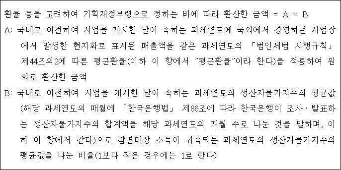 환율 등을 고려하여 기획재정부령으로 정하는 바에 따라 환산한 금액 = A × B A: 국내로 이전하여 사업을 개시한 날이 속하는 과세연도에 국외에서 경영하던 사업장 에서 발생한 현지화로 표시된 매출액을 같은 과세연도의 「법인세법 시행규칙」 제44조의2에 따른 평균환율(이하 이 항에서 "평균환율"이라 한다)을 적용하여 원 화로 환산한 금액 B: 국내로 이전하여 사업을 개시한 날이 속하는 과세연도의 생산자물가지수의 평균값 (해당 과세연도의 매월에 「한국은행법」 제86조에 따라 한국은행이 조사ㆍ발표하 는 생산자물가지수의 합계액을 해당 과세연도의 개월 수로 나눈 것을 말하며, 이 하 이 항에서 같다)으로 감면대상 소득이 귀속되는 과세연도의 생산자물가지수의 평균값을 나눈 비율(1보다 작은 경우에는 1로 한다)